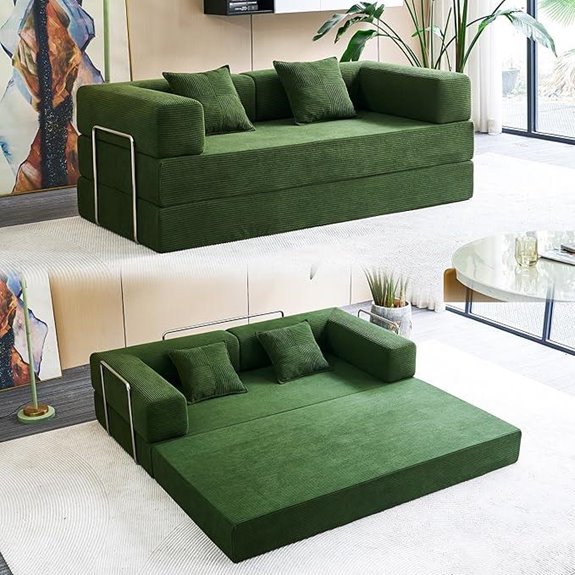 Convertible Green Floor Sofa Bed with Pillow Support