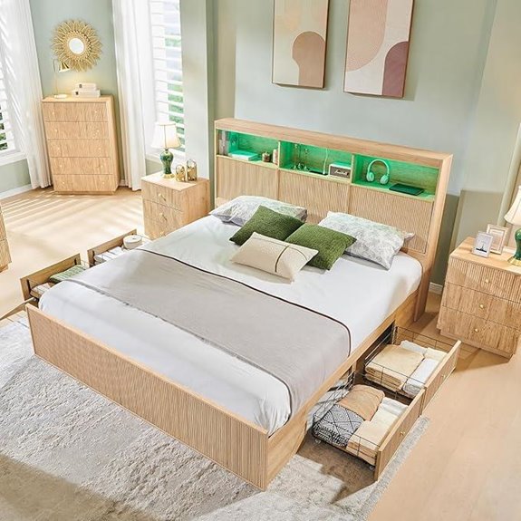 Fluted King Bed Frame with LED Headboard and Storage