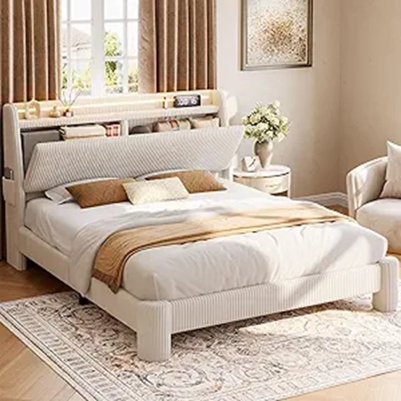 Upholstered Queen Bed Frame with Storage and Charging